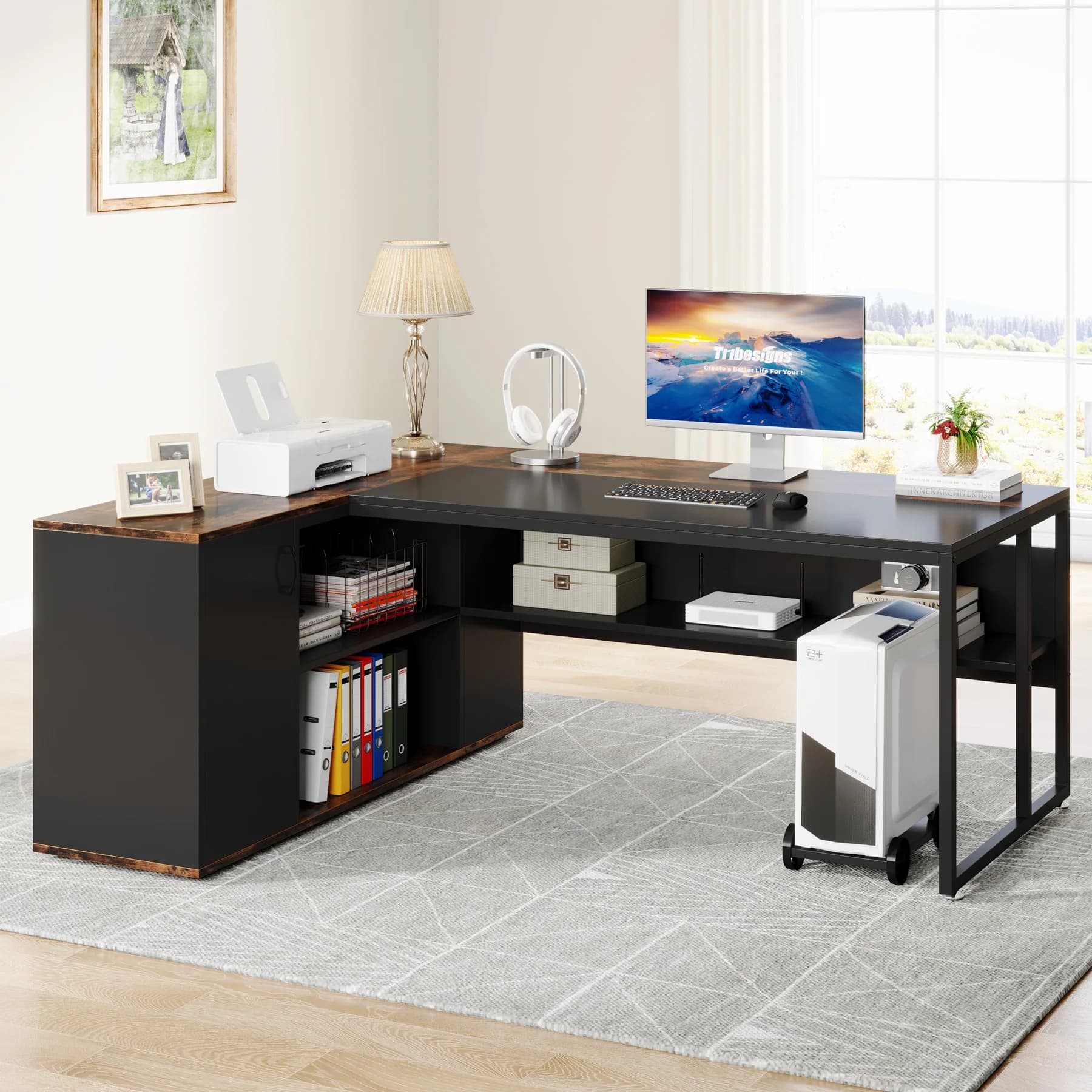 Tribesigns-Bureau de direction avec étagères, bureau en forme de L, rangement pour armoire, 71 po