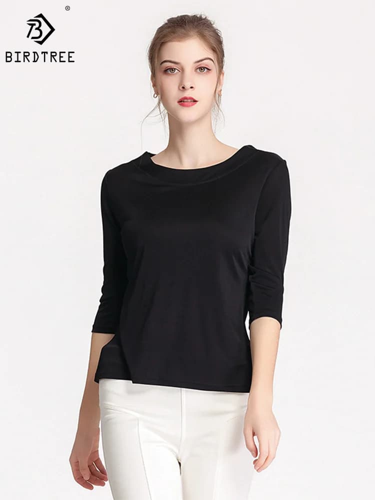 Birdtree soie mélange tricoté solide T-shirts, Slash cou lâche femmes décontracté basiques T-shirts,