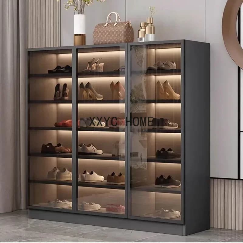 Armoire à chaussures de grande capacité, couloir fin, entrée, usage domestique, porte en verre verti