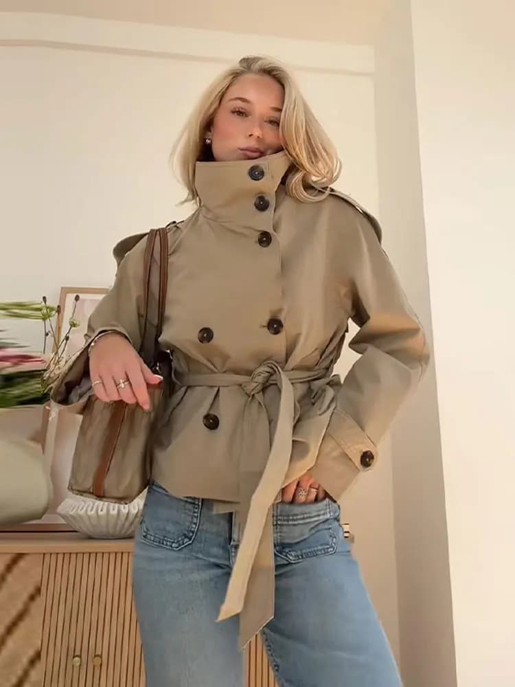 Manteau Trench Élégant pour Femme à Lacets, Manches Longues, Double Boutonnage, Col Montant, Veste K