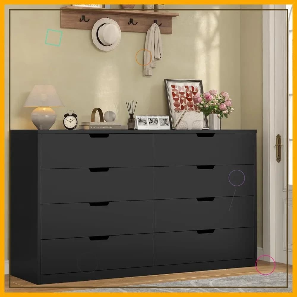 Commode moderne noire à 8 tiroirs pour chambre, salon, couloir - Meuble de rangement robuste avec ti