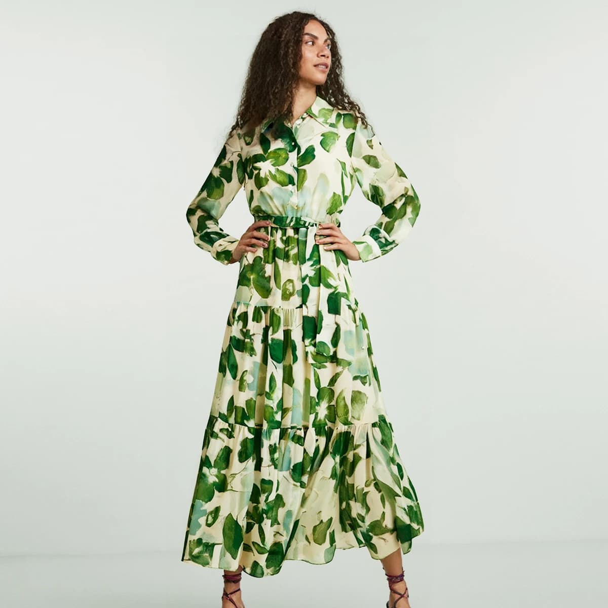 CHCH robe femme 2025 printemps nouveau col à manches longues fleur verte vacances
