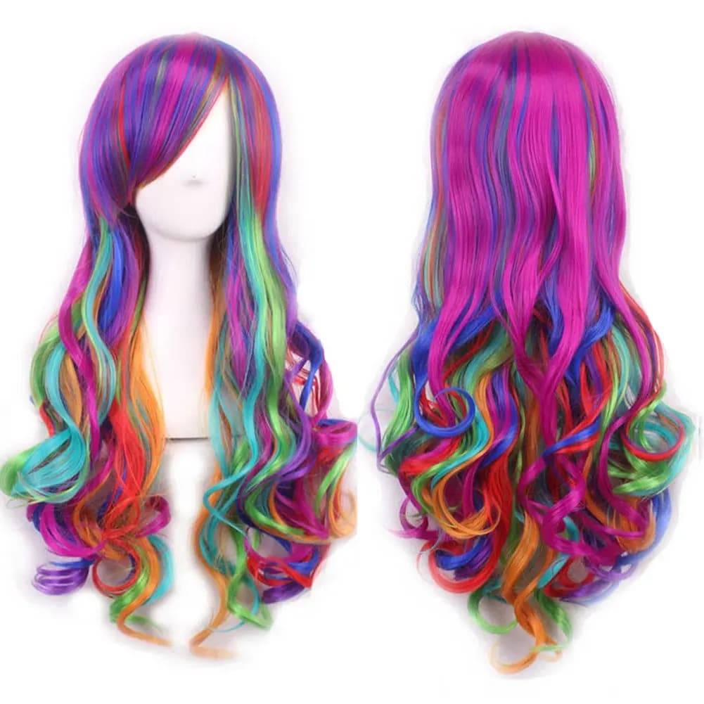 Soowee cheveux synthétiques Ombre arc-en-ciel Cosplay perruque avec frange rouge jaune violet vert b