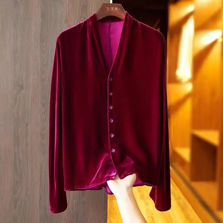 Cardigan à manches longues en velours doré pour femme, grande taille, col en v, boutons, Vintage, él