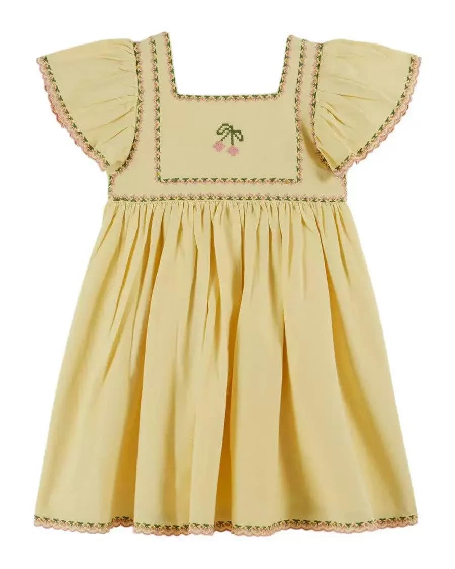 Robe en jean plissée pour fille, broderie florale, manches courtes, style princesse, collection été 