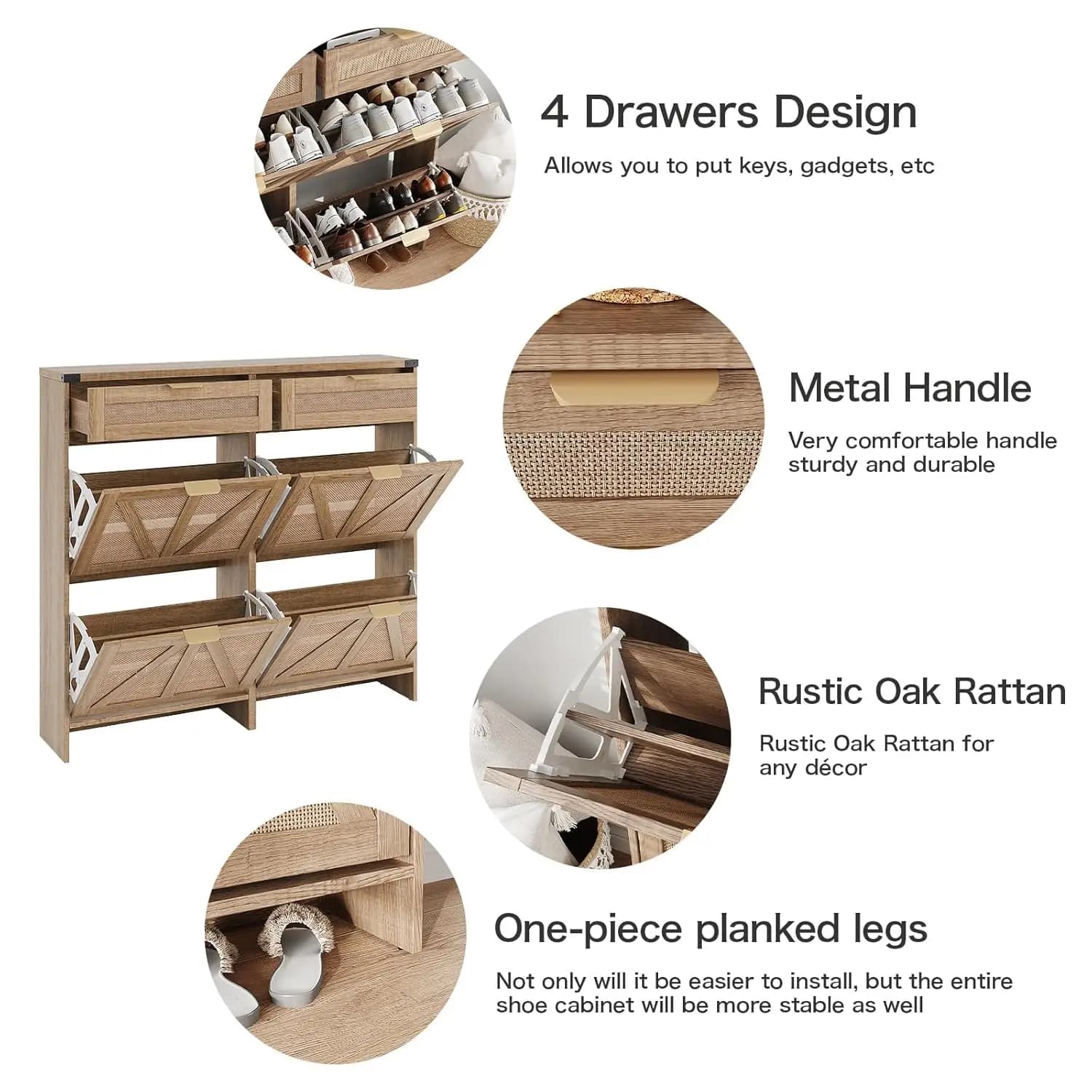 Meuble à chaussures avec 4 tiroirs basculants et 2 tiroirs, meuble de rangement à chaussures de styl