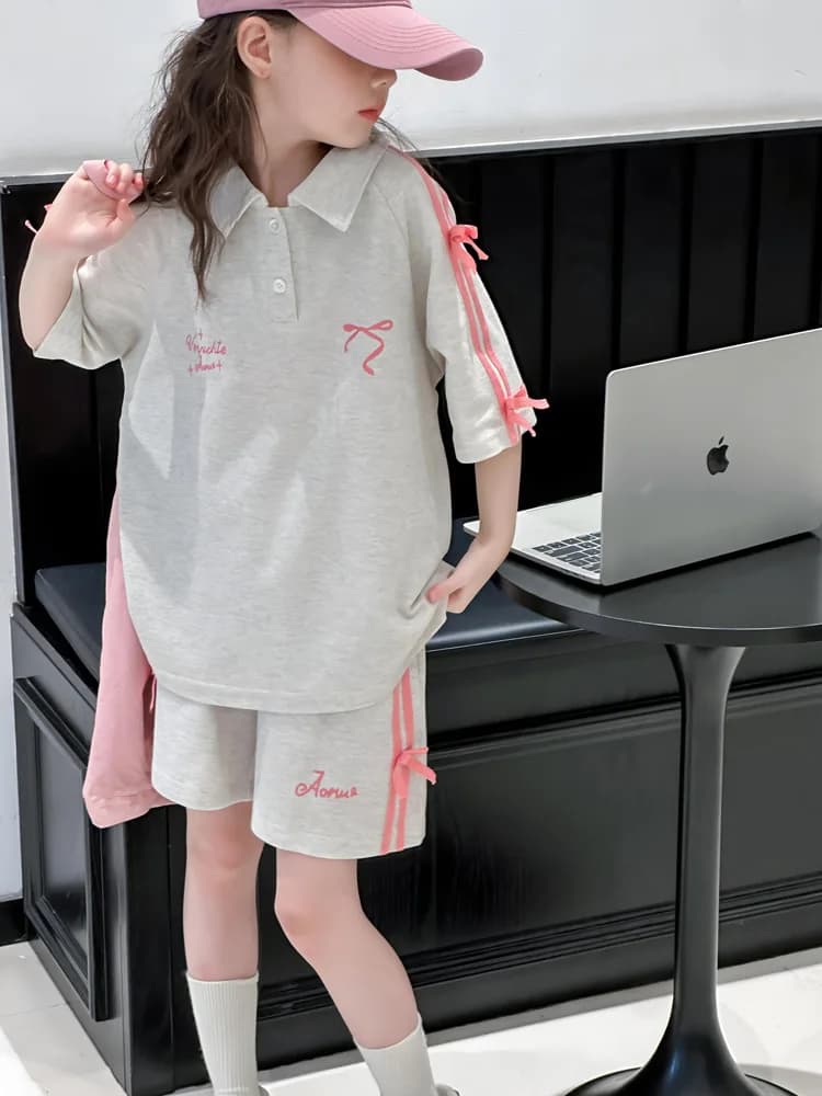 T-Shirt de sport d'été pour filles, costume avec nœud en sangle, pour grands enfants, Version coréen