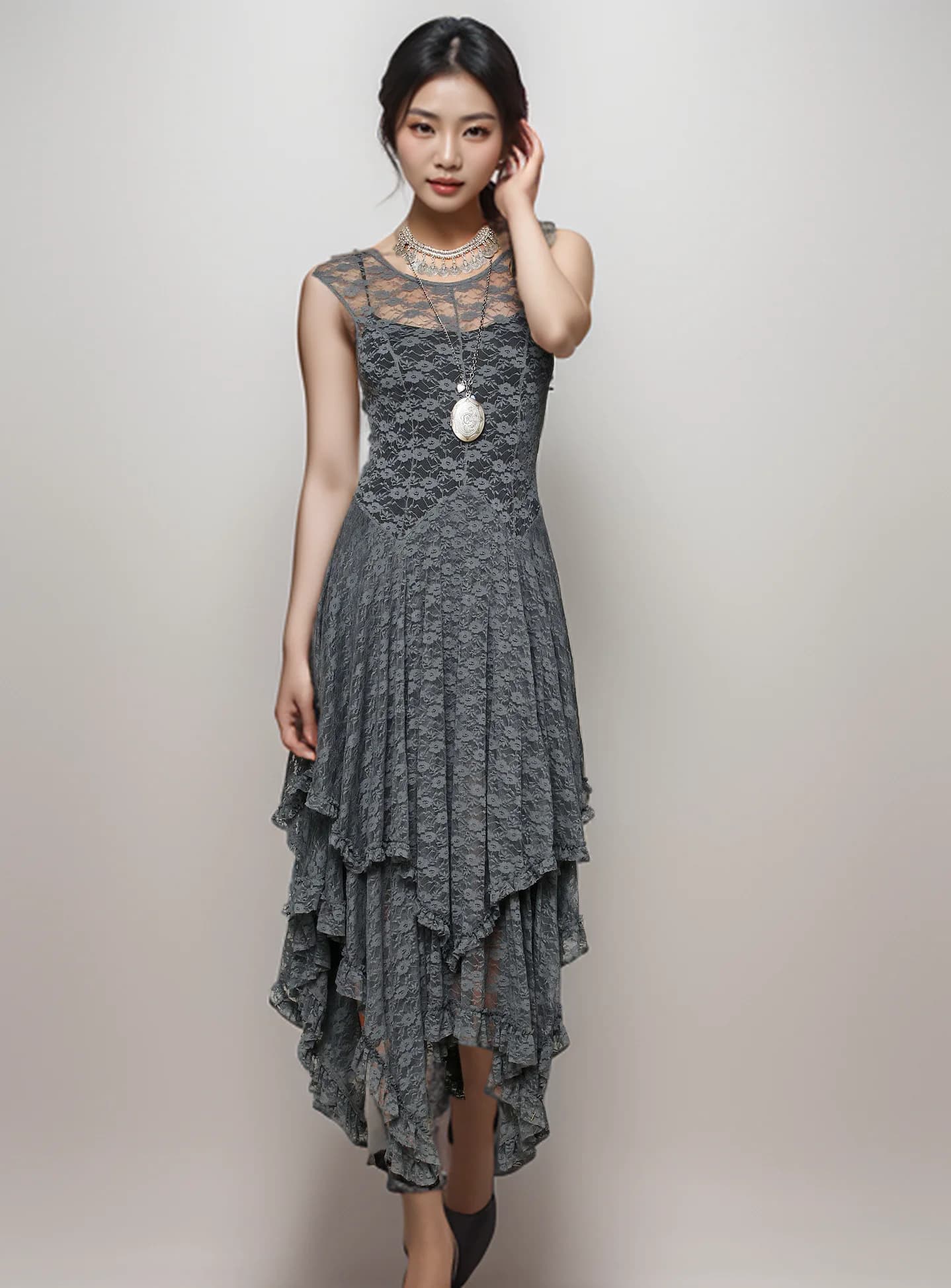 Robe de document en dentelle irrégulière pour femme, col rond, solide, 5 couleurs, sexy, printemps, 