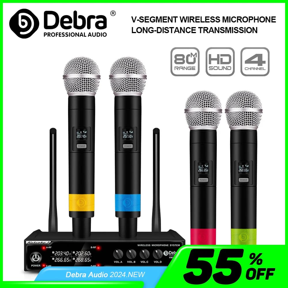 Debra-Système de microphone sans fil audio, 4 canaux, déterminer le micro, portée de 80m, karaoké, é