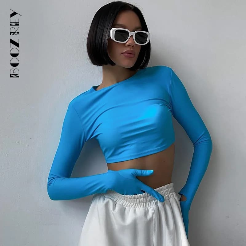 BoozRey Y2K couleur unie mince haut col rond t-shirt femmes mode d'été Sexy manches longues avec gan