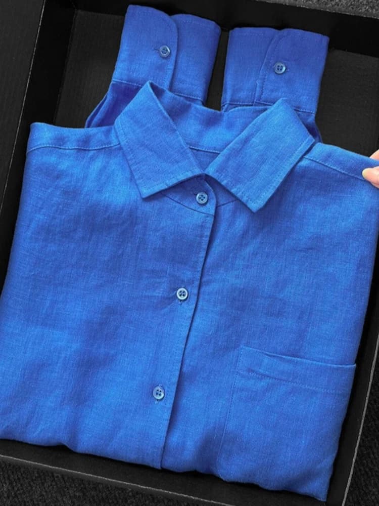 Chemise en lin bleue pour femme, été, fine, ample, en coton et lin, manches longues, protection sola