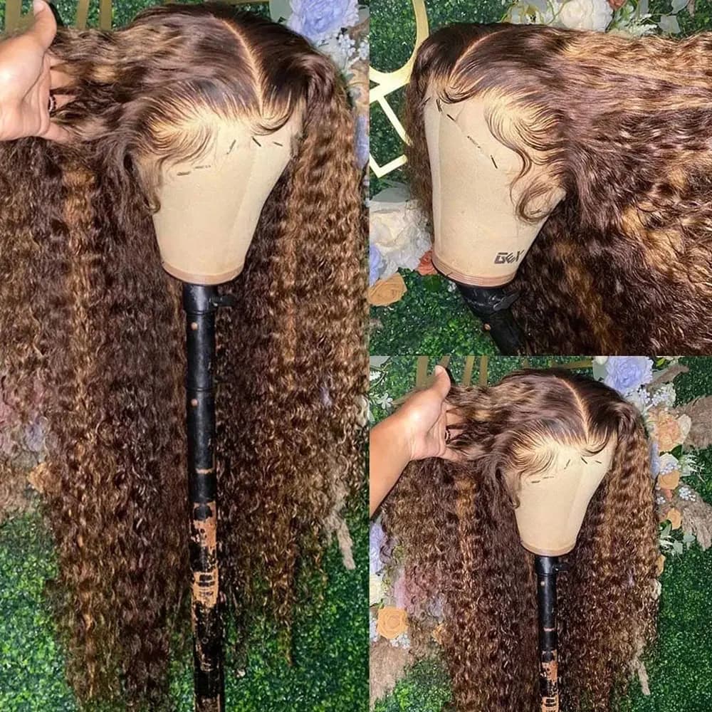Perruque Lace Frontal Wig naturelle bouclée à reflets, cheveux humains, 13x4, sans colle, HD, Deep W