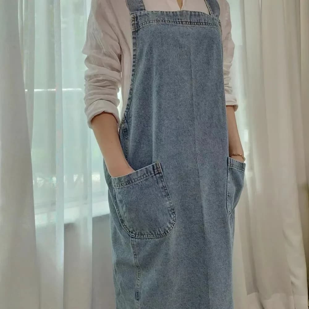 Robe coréenne en Denim pour femmes, tablier en tissu de coton, pour jardin, cuisine, cuisson, access