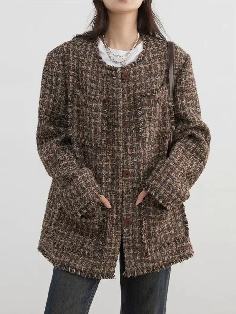 CHIC VEN-Manteau à simple boutonnage pour femme, veste rétro adt, design à bord effiloché, haut fémi