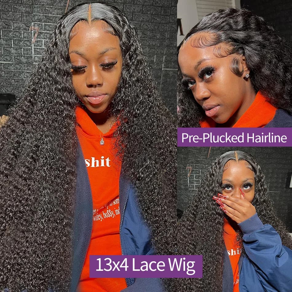 Perruque Lace Front Wig Deep Wave Brésilienne Naturelle Bouclée, Cheveux Humains, 13x4 13x6 HD, 40 4
