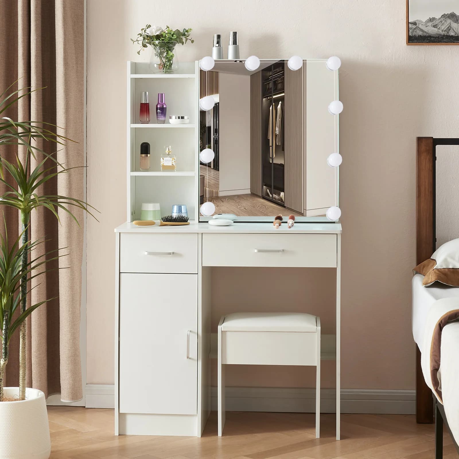 Ensemble de vanité de maquillage avec miroir et lumières, commode, armoire de rangement, 3 modes d'é
