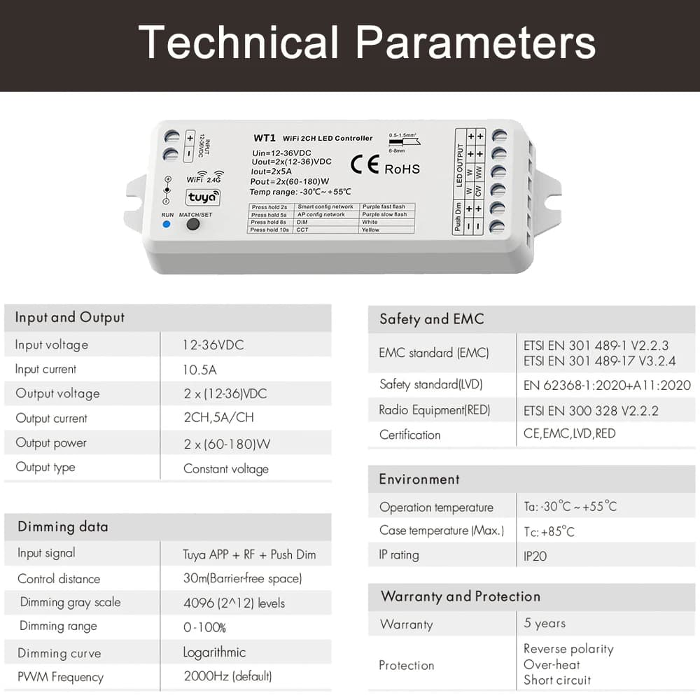 Kit de contrôleur de gradation de bande LED CCT, variateur intelligent, télécommande RF, interrupteu