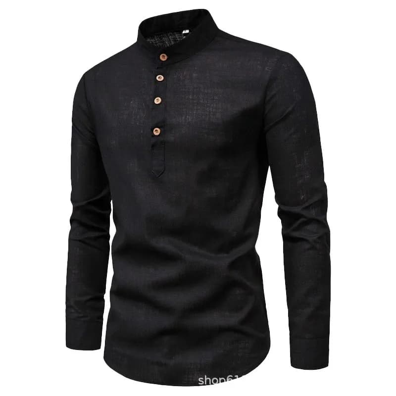 Chemise d'affaires à manches longues et col montant pour hommes, couleur unie, décontractée, ajustée