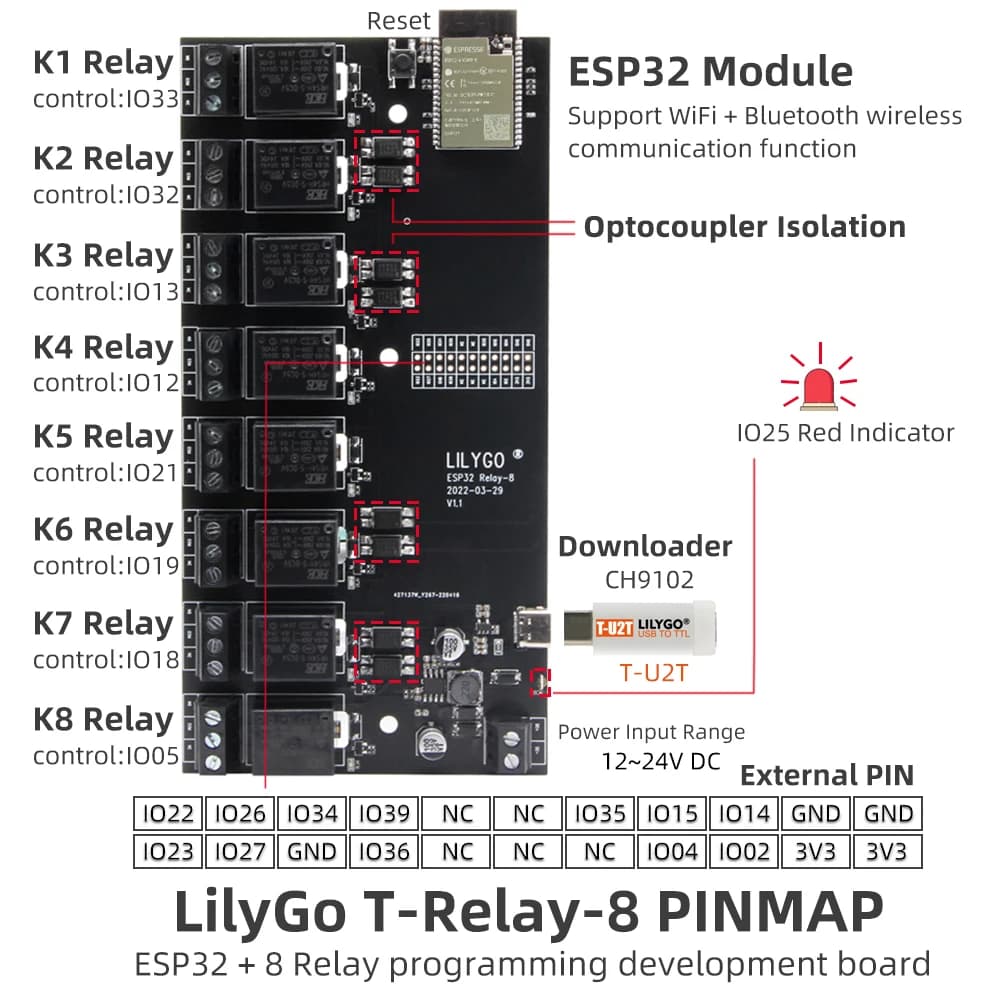 LILYGO ®   Module de relais t-relay 5V 8 canaux ESP32, carte de développement sans fil, WIFI, Blueto