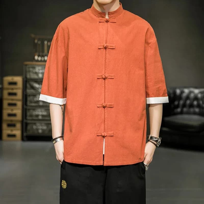 Chemise d'été de Style japonais pour hommes, col montant chinois, Yukata, Kimono samouraï, T-shirt b