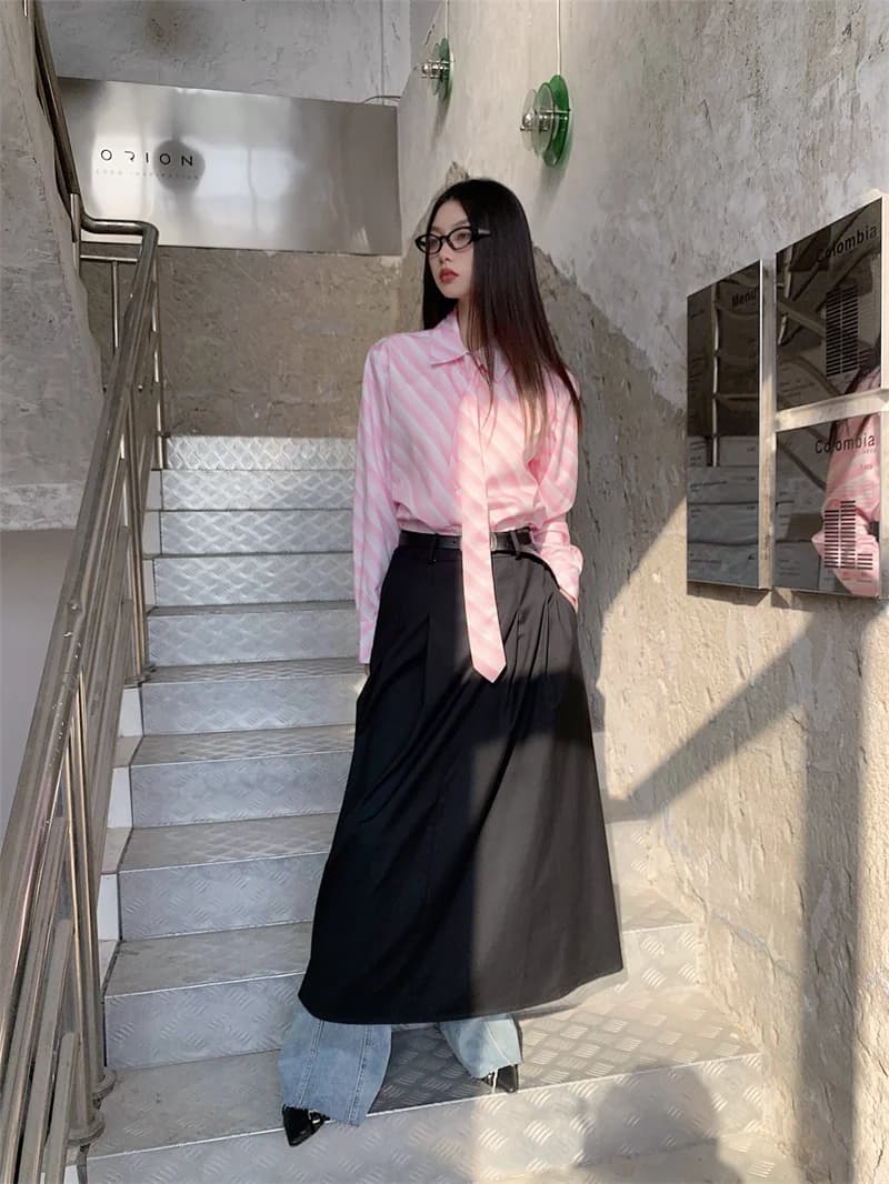 CHEERART Rose Rayé Chemise Avec Cravate Bureau Tenues Femmes T-shirt À Manches Longues Et Chemisier 