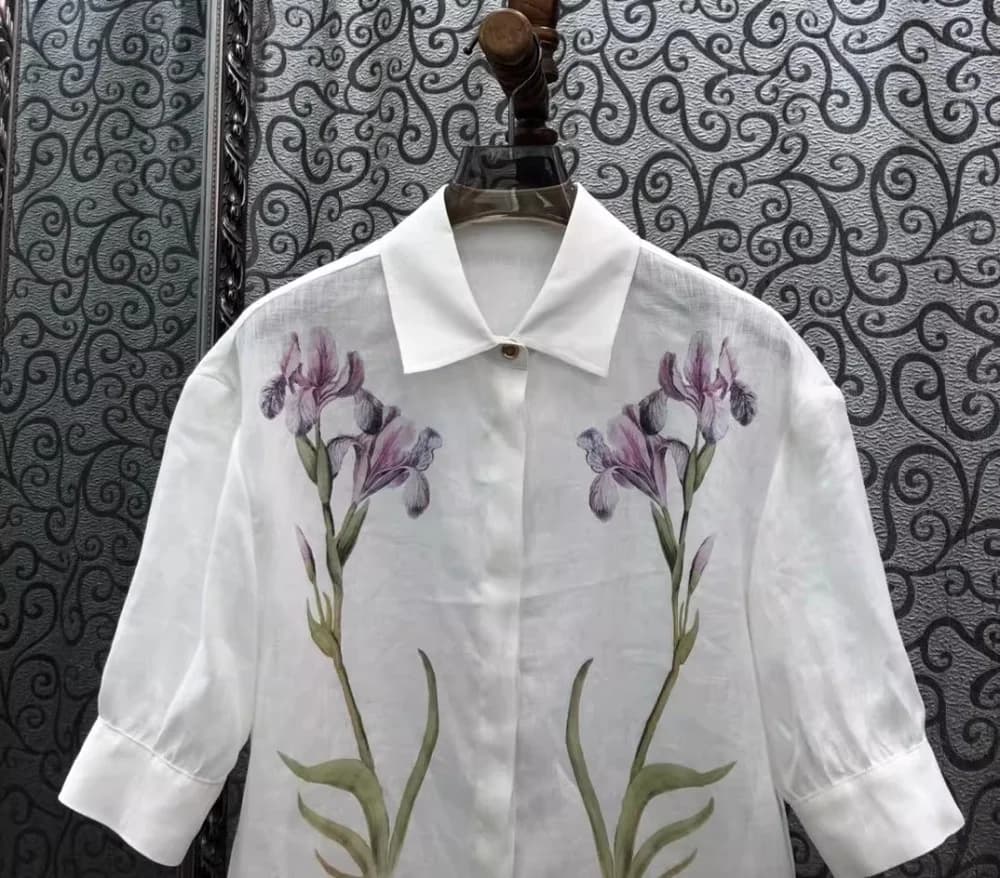 Chemisier 100% Lin pour Femme, Style Printemps-Été 2026, Col Rabattu, Imprimé Floral Violet, Manches