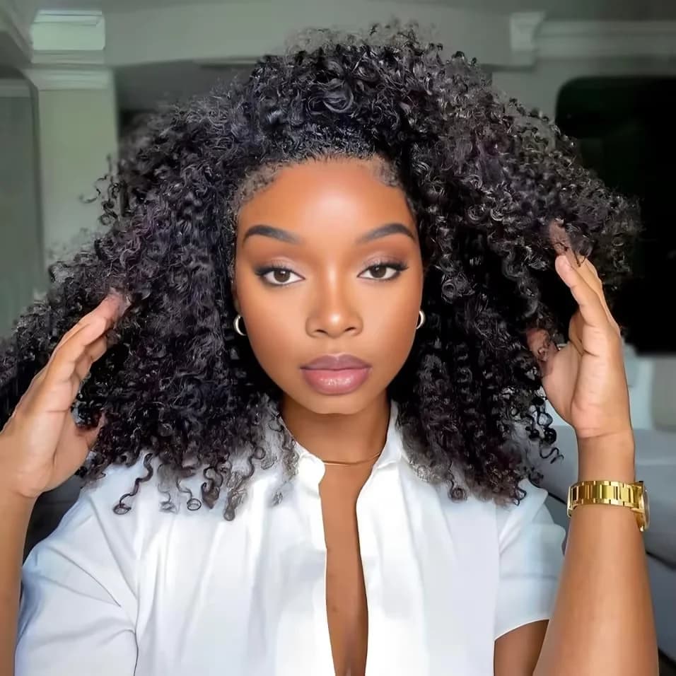 Demi-perruque sans colle, cheveux naturels crépus bouclés, bandeau amélioré 3 en 1, sans dentelle, a