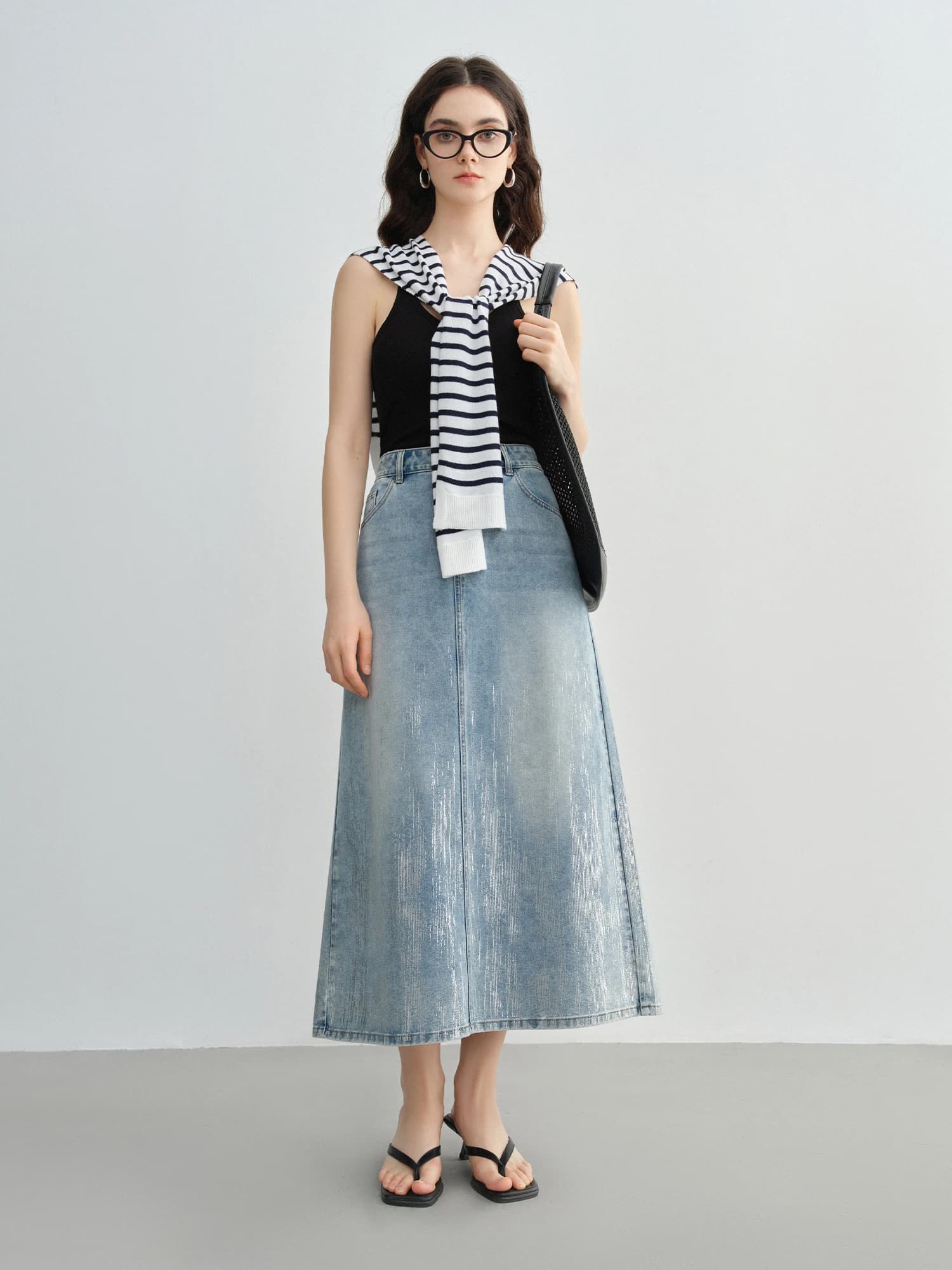 DUSHU taille incluse femmes mode argent pressé jupe en jean pour l'été 2025 taille haute minceur mi 