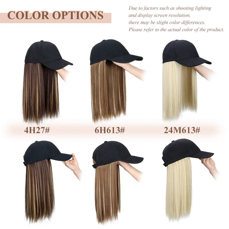 Perruque de chapeau synthétique avec cheveux noirs longs et lisses, Extension capillaire, Design tou