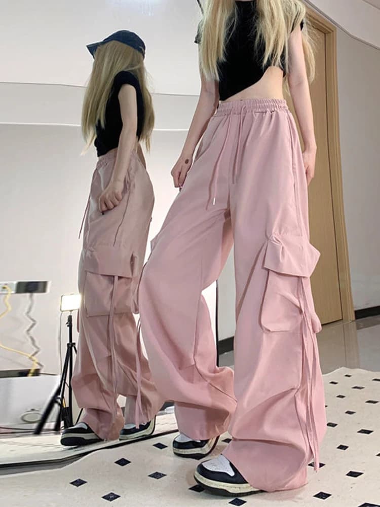 Zoki rose Streetwear Cargo pantalon femmes ample Harajuku Y2K pantalon droit américain rétro Hip Hop