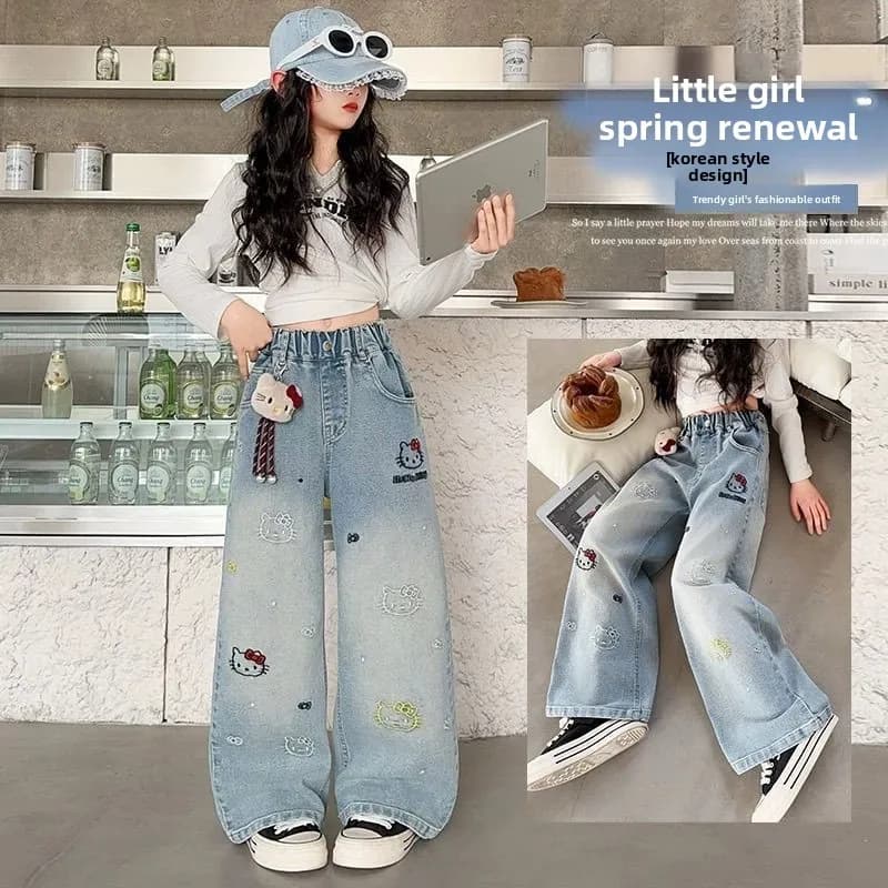Jeans à jambes larges pour filles, printemps-automne, taille haute, pantalon long, vêtements pour en