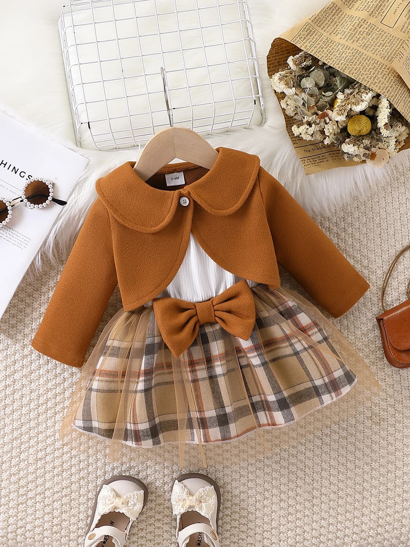 Ensemble jupe et veste courte en tulle à carreaux pour bébé fille