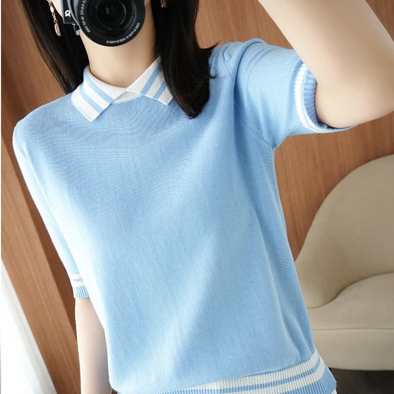 T-shirt tricoté 100% coton pour femmes, pull à manches courtes, décontracté, couture à revers, grand