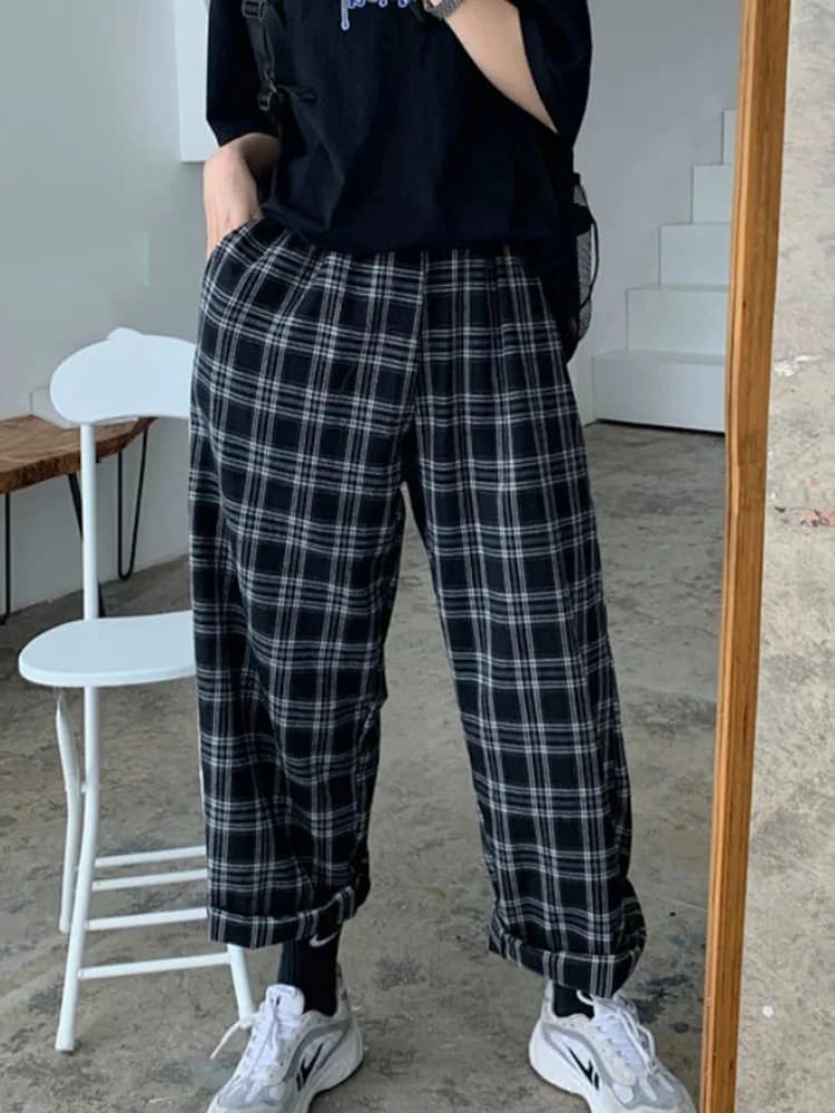 JMPRS-Pantalon à carreaux noir pour femme, surdimensionné, jambe large, surintendant ser, rétro, ado
