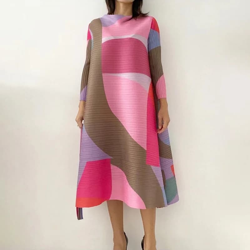 Robe plissée à motif géométrique pour femme, avec ceinture et ceinture, surdimensionnée, longue, dou