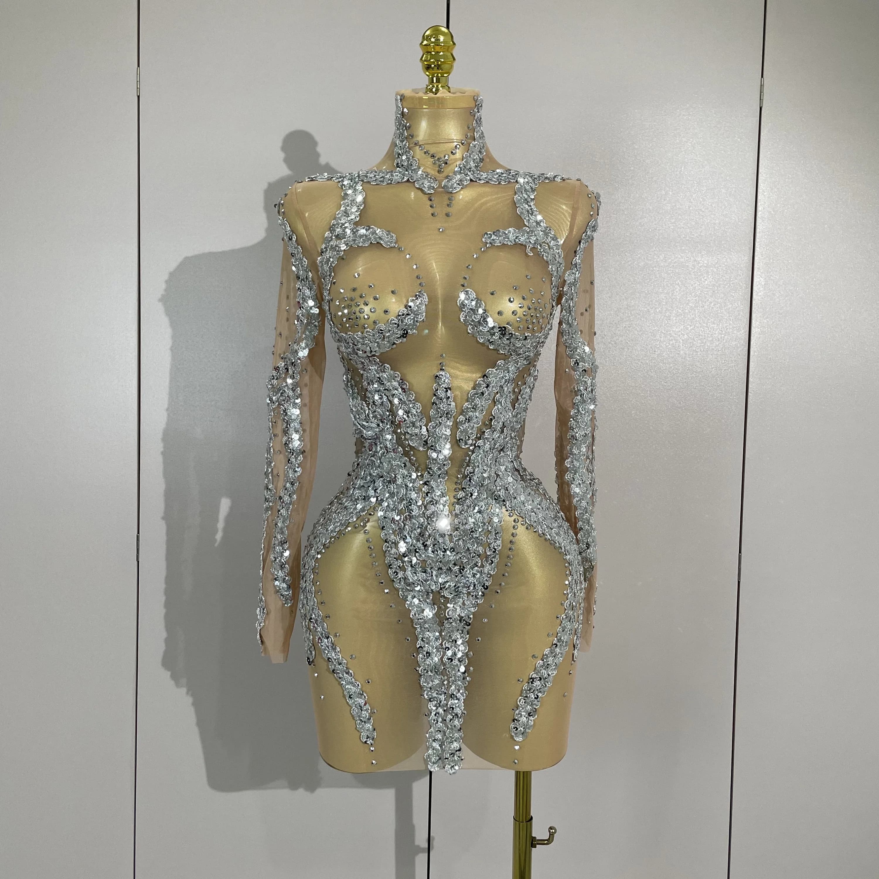 STOCK strass scintillants Sexy maille transparente Mini robe réveillon fête d'anniversaire danse dis