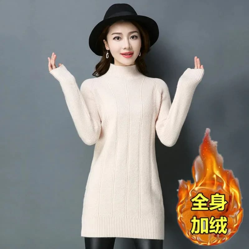 Robe pull en velours élastique mi-haute pour femme, pull long, chaud, épais, automne, hiver