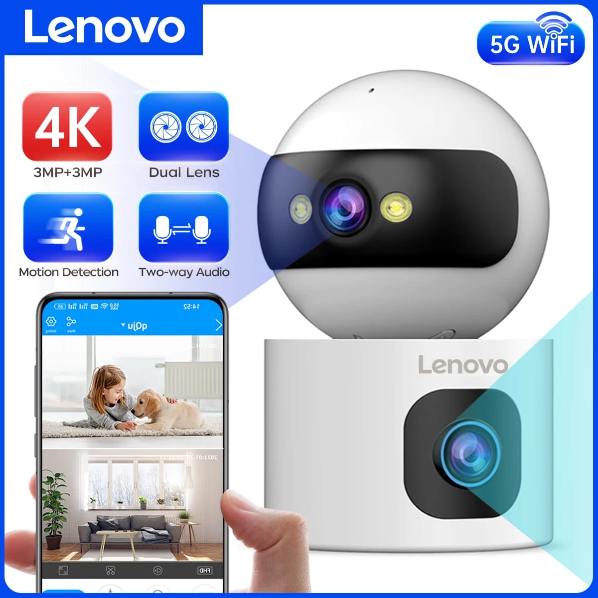 Lenovo-Caméra de surveillance IP sans fil, moniteur de sécurité pour bébé, suivi automatique, caméra