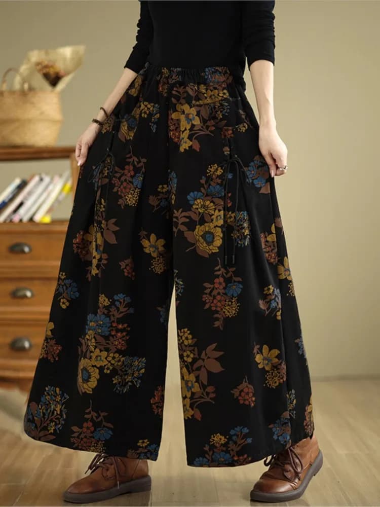 Jean rétro automne fleur imprimé fleuri mode élastique taille haute dames pantalon surdimensionné lo