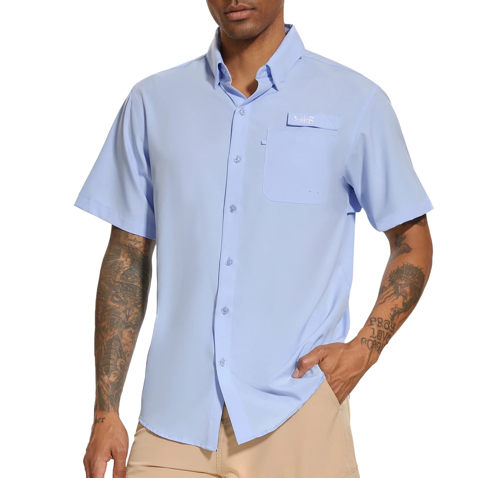 BASSDspatule-Chemise de pêche boutonnée pour homme, Udissolve 50 +, manches courtes, respirant, lége