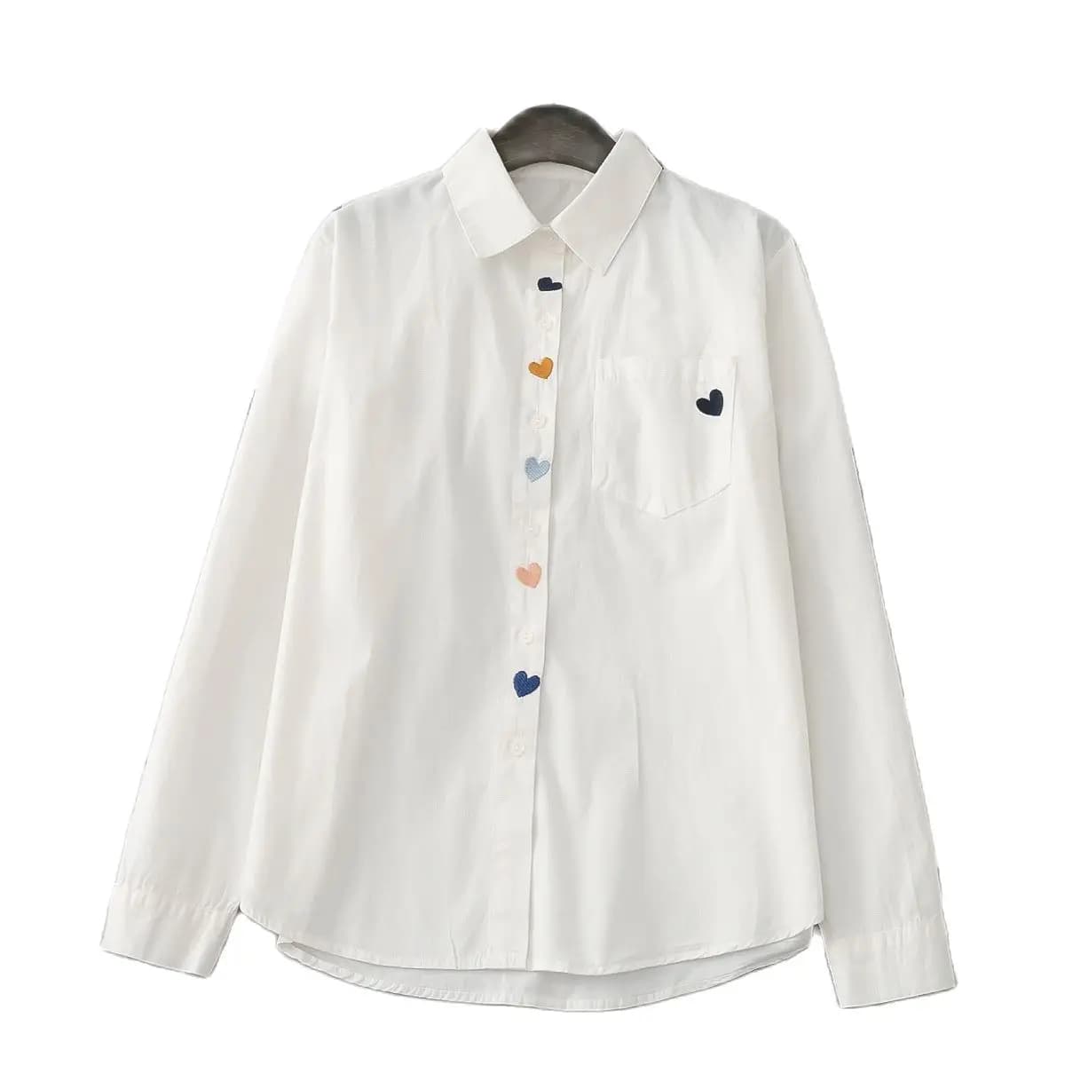Chemises blanches brodées de coeur pour femmes, col rabattu, chemisier décontracté, manches longues,