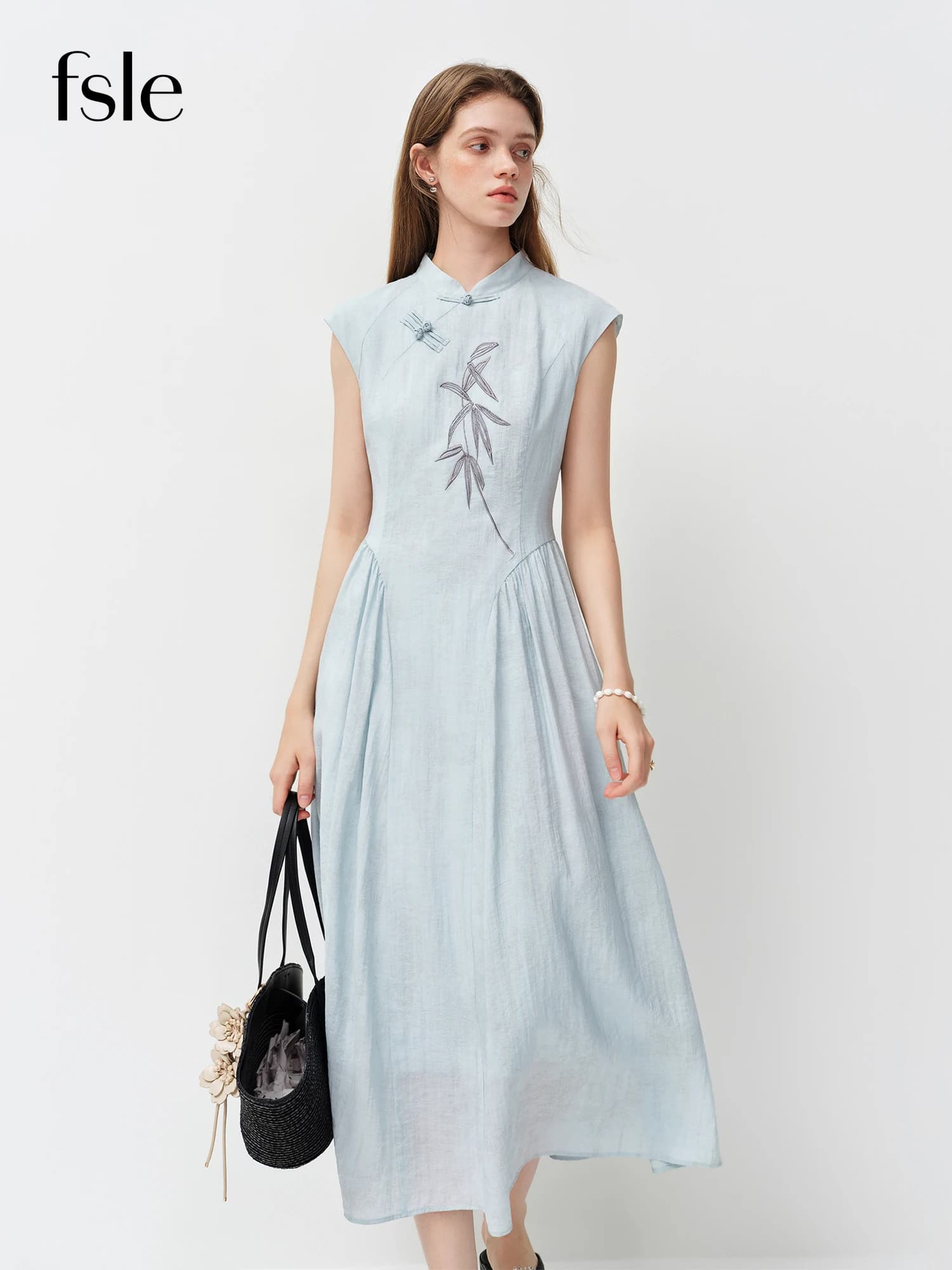 FSLE Nouvelle Robe Longue Slim Broderie Style Chinois pour Femme, Nouveautés Été 2026, Jupe Trapèze 