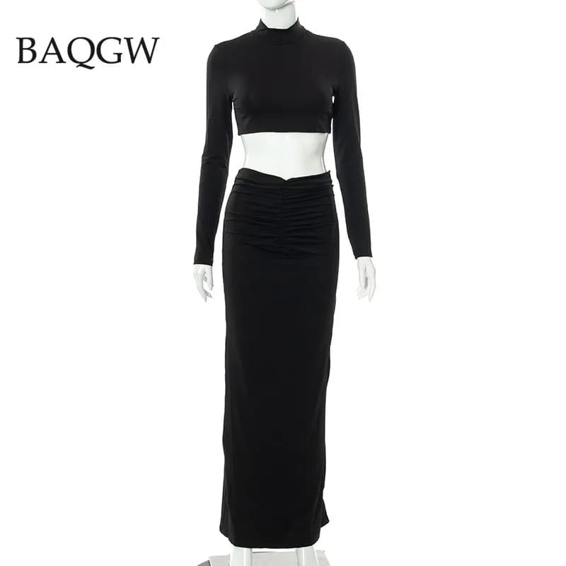 Ensemble de robe deux pièces à manches longues pour femmes, haut court sexy, jupes maxi, robe froncé