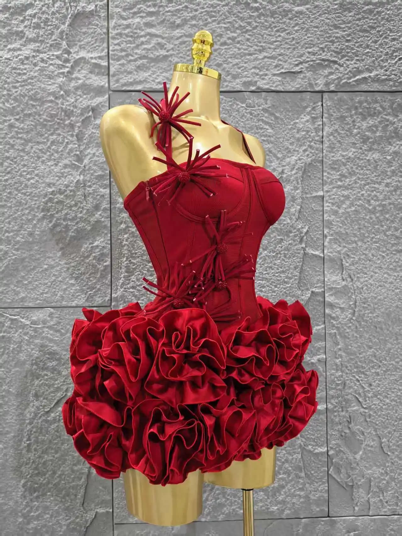 Élégant maigre luxe fête d'anniversaire rouge noir pansement tenue femmes Sexy licou robe de bal cél