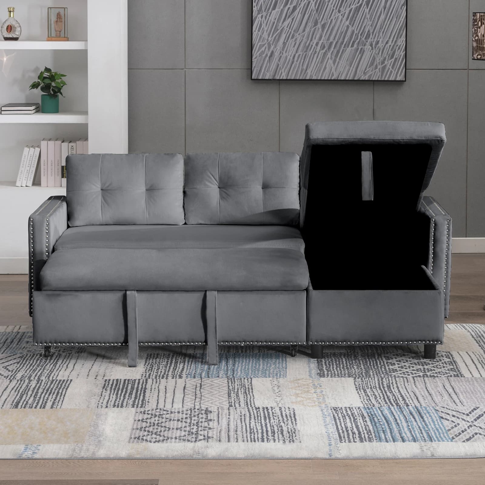 HORGgland-Canapé convertible en forme de L avec chaise de rangement, canapé-lit en velours, canapé-l