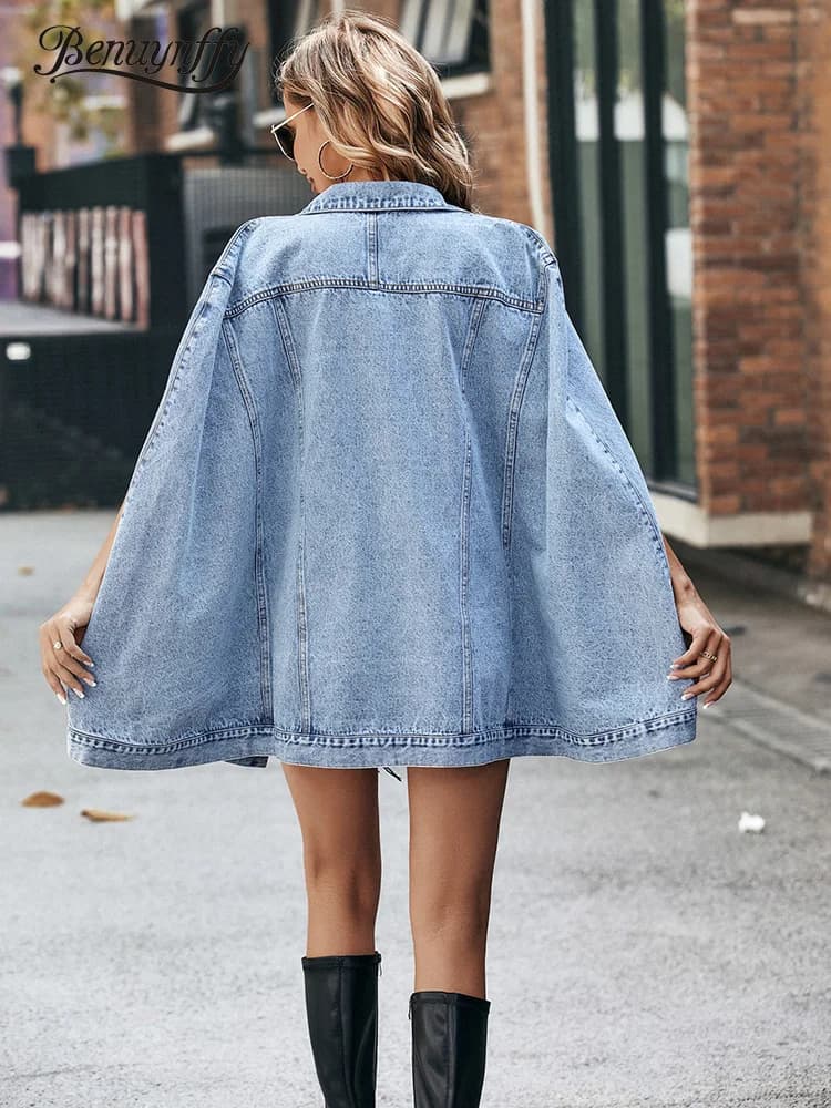 Benuynffy simple boutonnage Cape Denim manteau femmes printemps automne mode Vintage poches ample Je