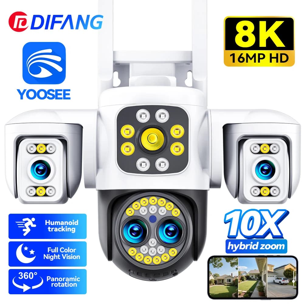 Yoosee WiFi caméra extérieure 8K 16MP quatre objectifs trois écrans CCTV Ai Track vidéo PTZ 360 °   