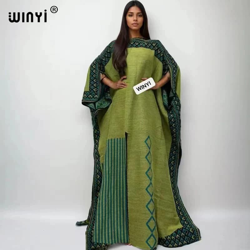 WINYI-Robe longue imprimée rétro pour femme, kaftan, tenue de vacances, confortable et chaude, éléga