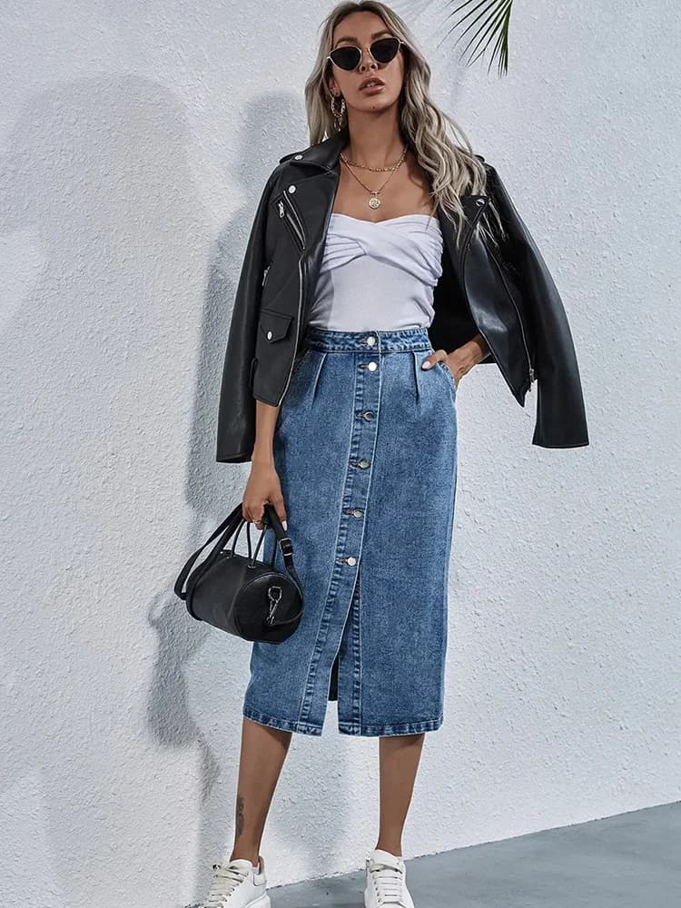 Benuynffy-Jupe en jean droite à boutonnage simple pour femme, longueur au genou, streetwear décontra