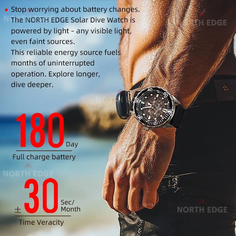 Montre de plongée solaire NORTH EDGE TRITON-TI en titane et acier inoxydable, montre à quartz de lux